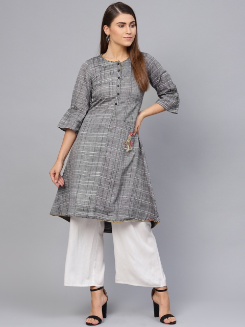 

Biba Women Charcoal Grey Checked A-Line Kurta