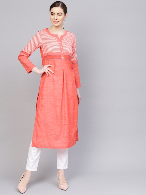 

Biba Women Coral & Off-White Yoke Design Straight Kurta