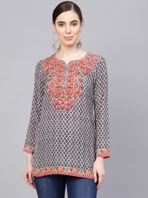 

Biba Women Charcoal Grey & Off-White Printed Straight Kurti