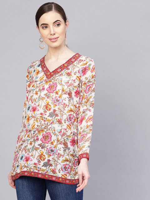 

Biba Women White & Pink Printed Straight Kurti