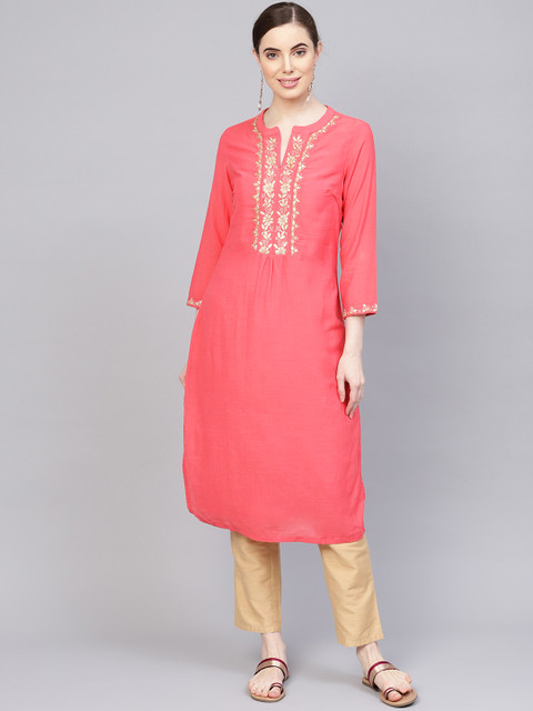 

Biba Women Coral Pink & Golden Yoke Design Straight Kurta