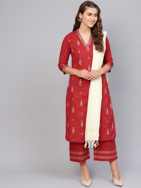 

Biba Women Red Embroidered Kurta with Palazzos & Dupatta