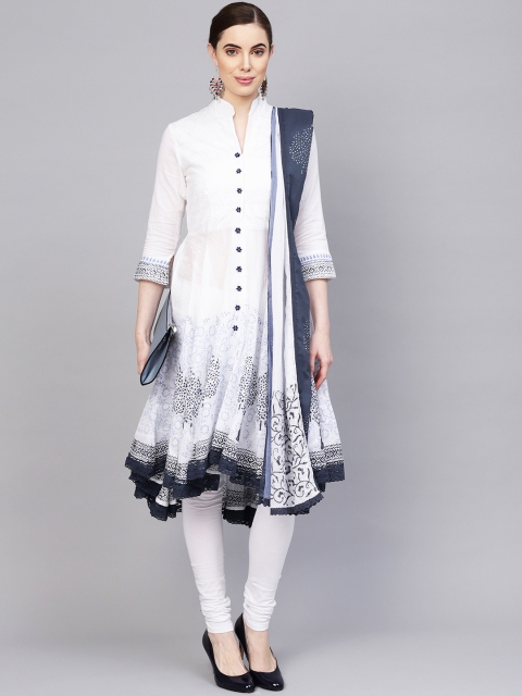 

Biba Women White & Navy Printed Kurta with Churidar & Dupatta