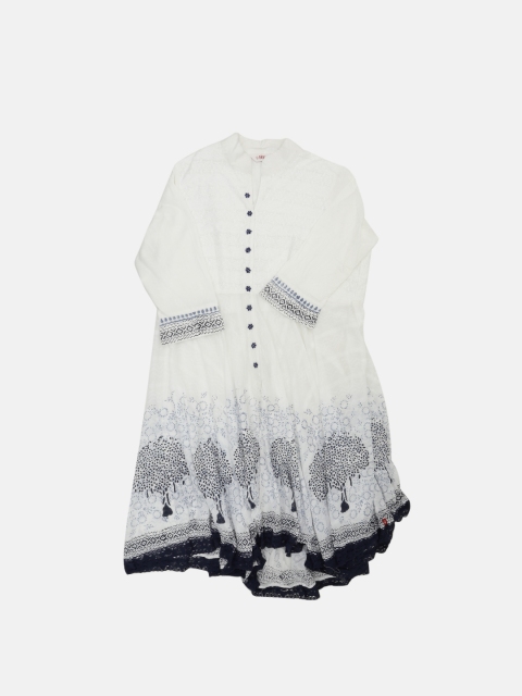 

Biba Women White & Navy Blue Printed Kurta with Churidar & Dupatta