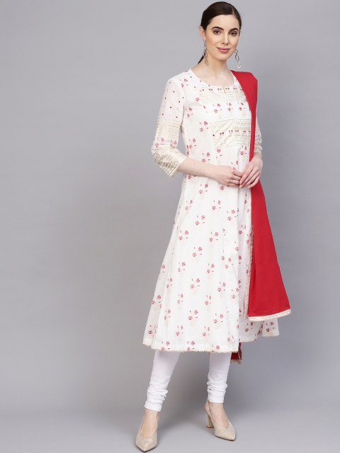 

Biba Women White & Red Printed Kurta with Churidar & Dupatta