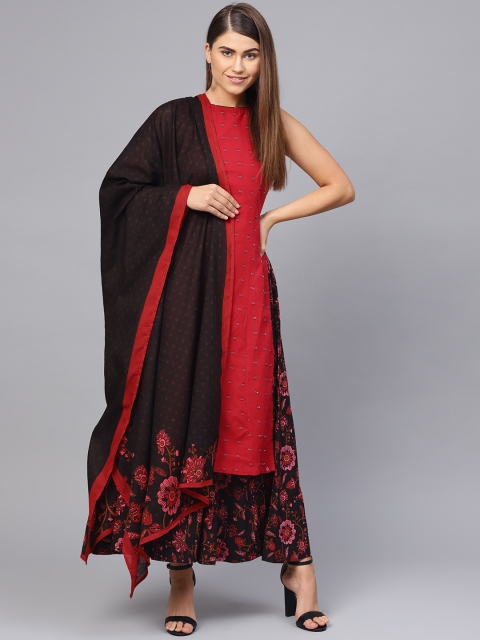 

Biba Women Red & Black Embroidered Kurta with Palazzos & Dupatta