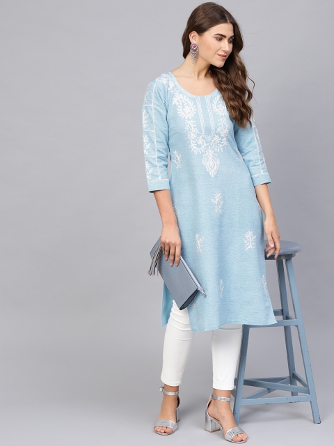 

Saadgi Women Blue & White Linen Handloom Chikankari Embroidered Straight Kurta
