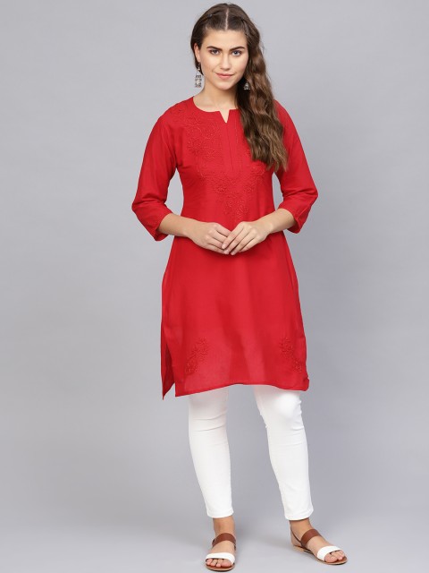 

Saadgi Women Red Handloom Chikankari Embroidered Straight Kurta