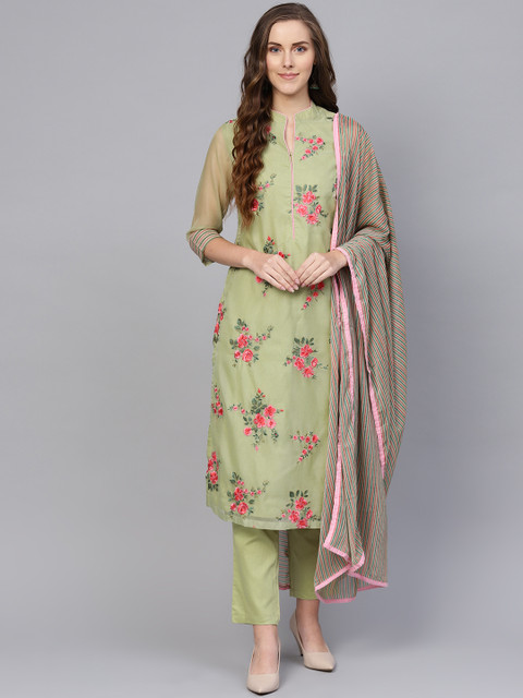 

Biba Women Green & Pink Embroidered Kurta with Trousers & Dupatta