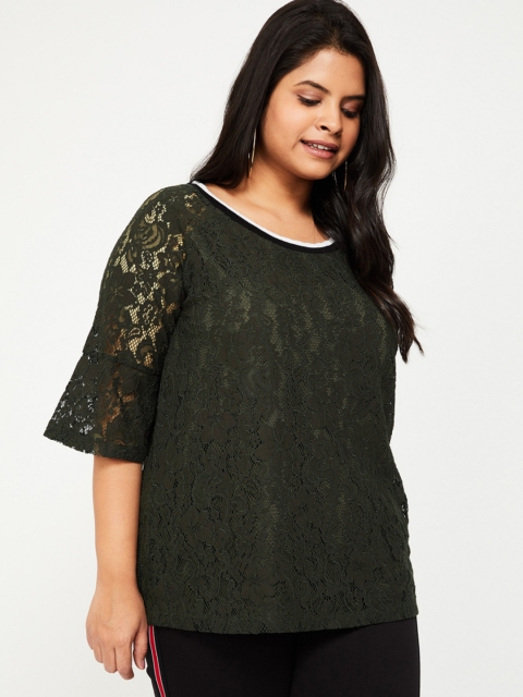 

nexus Plus Size Women Green Self Design Top