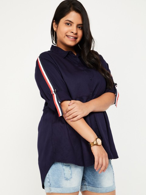 

nexus Plus Size Women Navy Blue Solid Shirt Style Top