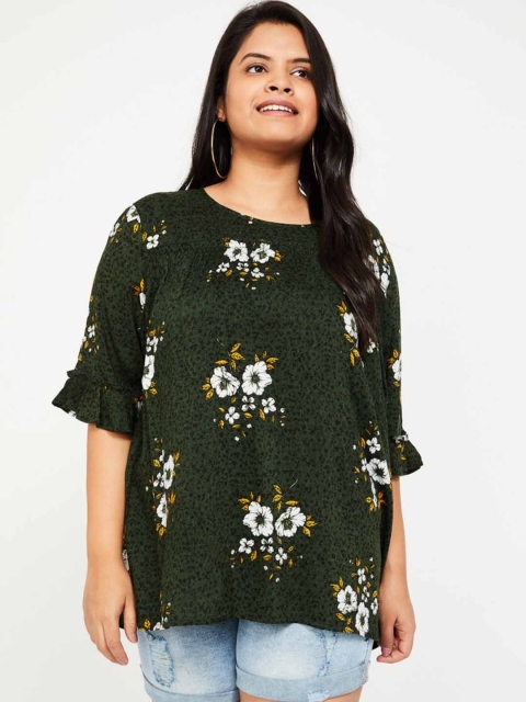 

nexus Plus Size Women Green White Floral Print A-Line Top