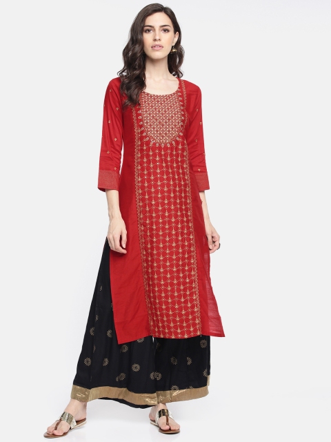 

Span Women Red Embroidered Straight Kurta