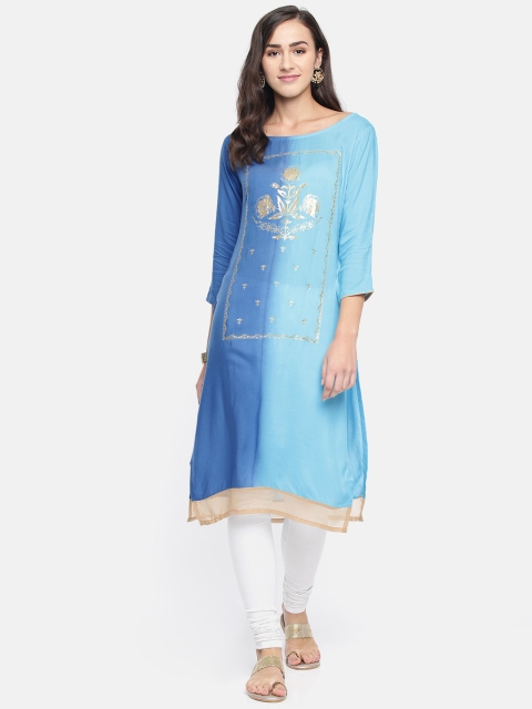 

Span Women Blue Foil Printed Straight Kurta