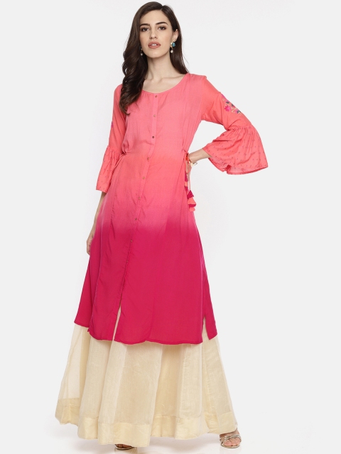 

Span Women Peach-Coloured & Pink Dyed A-Line Kurta