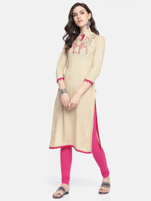 

Span Women Beige & Pink Embroidered Straight Kurta