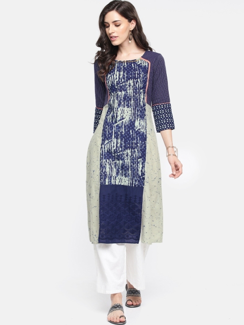 

Span Women Navy Blue & Grey Printed A-Line Kurta