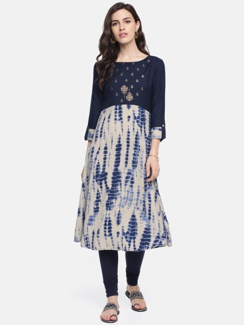 

Span Women Navy Blue & Grey Shibori Dyed A-Line Kurta