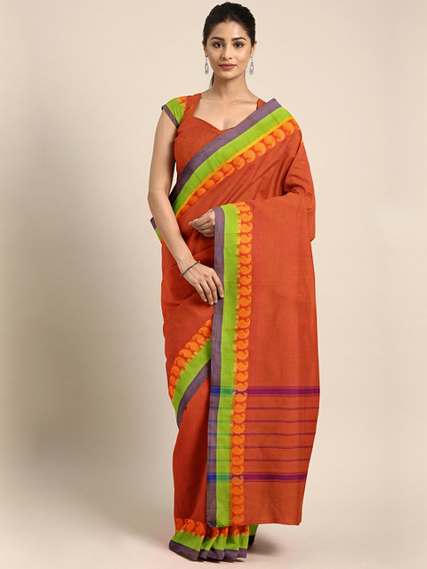

The Chennai Silks Coral Orange & Green Chettinad Cotton Woven Design Saree