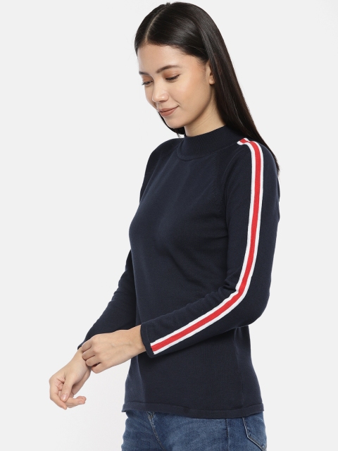 

Kraus Jeans Women Navy Blue & White Solid Knitted Fitted Top