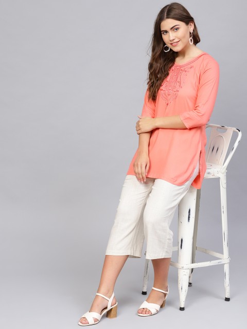 

Saadgi Women Peach-Coloured Yoke Design Straight Kurta