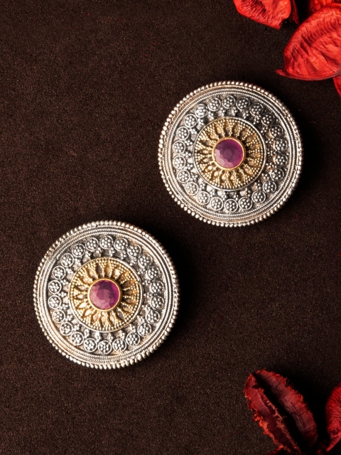

Rubans Silver-Toned & White Handcrafted Oxidised Circular Shaped Studs