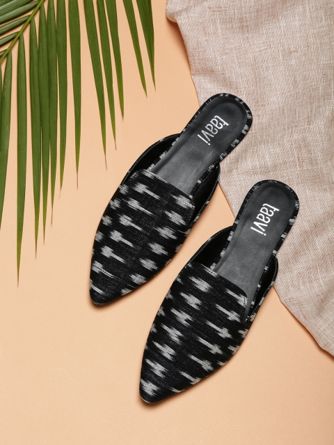 Women Black Ikat Printed Mules
