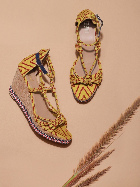 

Taavi Women Mustard Yellow & Red Printed Bagru Sustainable Wedge Sandals