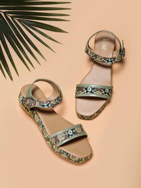 

Taavi Women Olive Green Ajrak Printed Sustainable Sandals