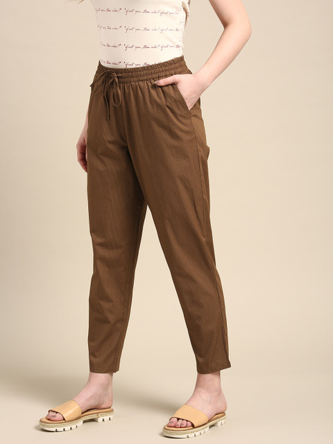 

ether Women Brown Striped Tapered Trousers