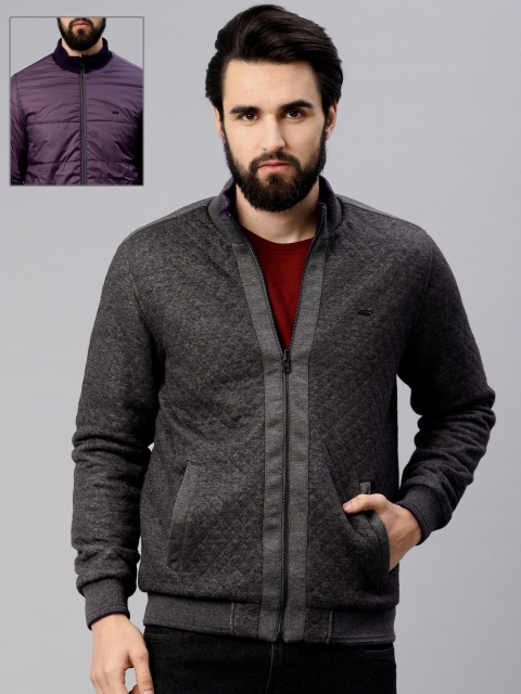

Peter England Men Charcoal Grey & Purple Self Design Reversible Quilted Jacket