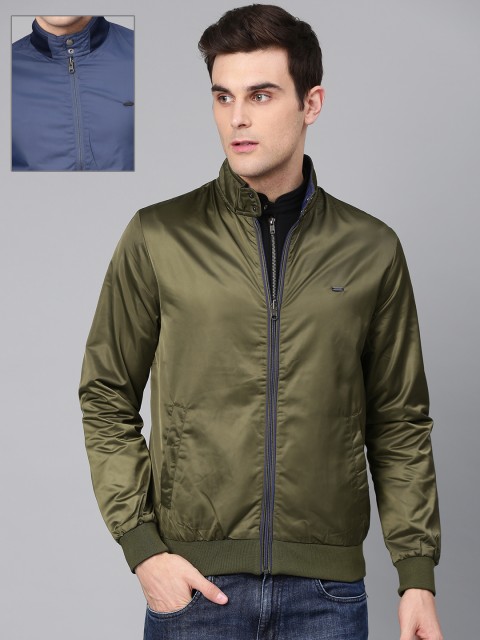 

Peter England Men Olive Green & Navy Blue Solid Reversible Bomber Jacket