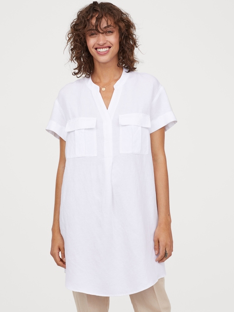 

H&M Women White Solid Linen-blend Tunic