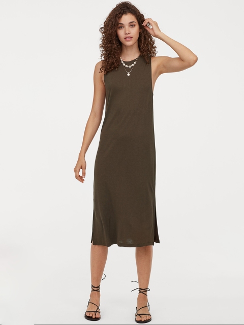 

H&M Women Olive Brown Solid Sleeveless Jersey Dress