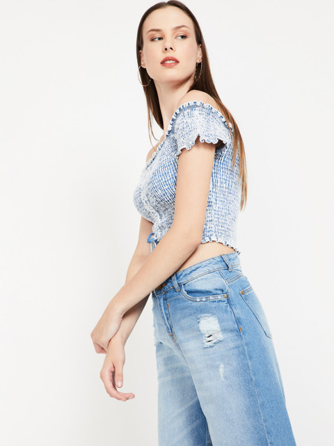 

Ginger by Lifestyle Women Blue Self Design Smocked Bardot Top