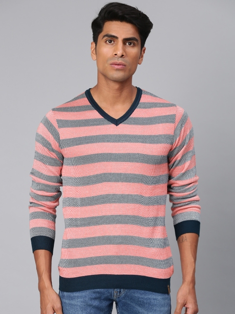 

Peter England Men Coral Pink & Navy Blue Striped Sweater