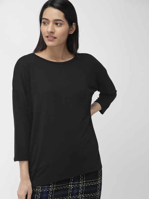 

FOREVER 21 Women Black Solid Round Neck T-shirt