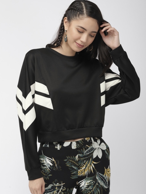 

FOREVER 21 Women Black & White Solid Cropped Sweatshirt