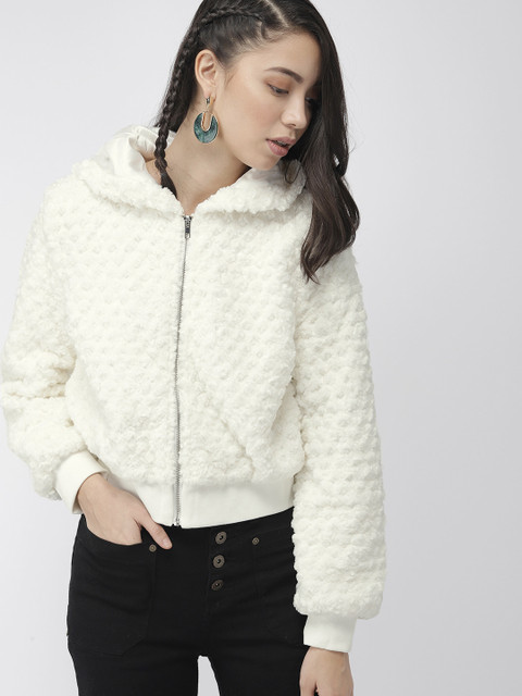 

FOREVER 21 Women Cream-Coloured Self Design Bomber Jacket