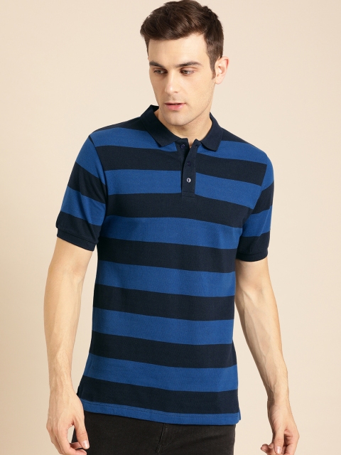 

ether Men Navy Blue Striped Polo Collar T-shirt