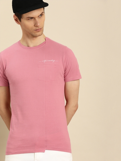 

ether Men Pink Solid Round Neck T-shirt