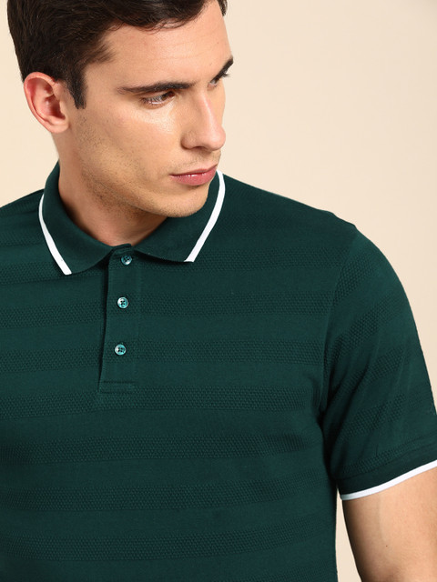 

ether Men Green Self Striped Polo Collar T-shirt