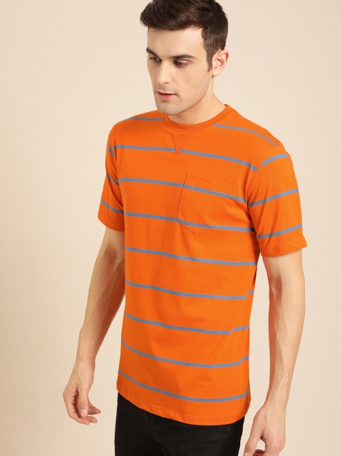 

ether Men Orange & Blue Striped Round Neck T-shirt