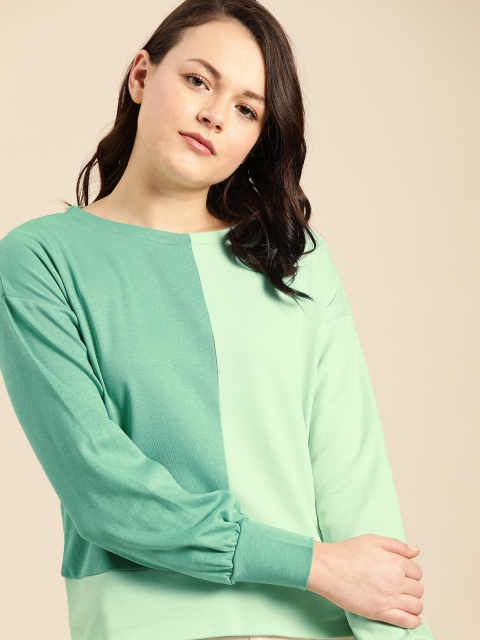 

ether Women Sea Green Colourblocked Boxy Top