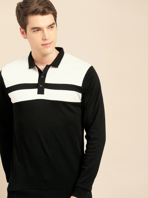 

ether Men Black & Off-White Colourblocked Polo Collar T-shirt