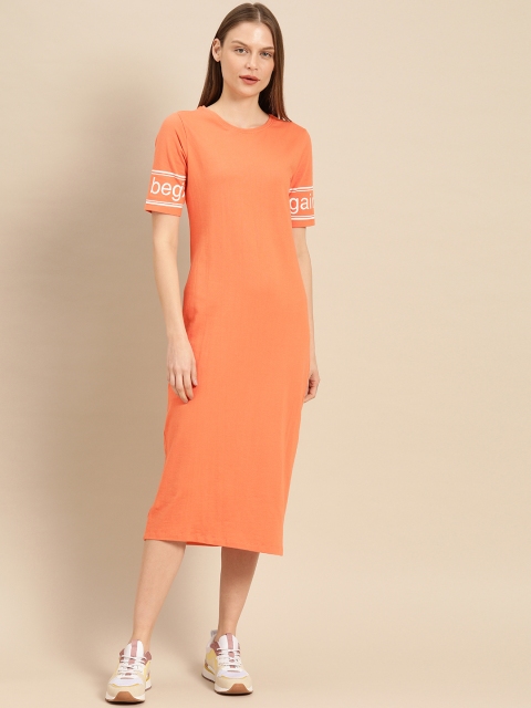 

ether Women Orange Solid Midi T-shirt Dress