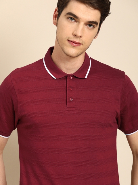 

ether Men Maroon Self Striped Polo Collar T-shirt