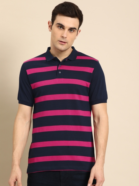 

ether Men Navy Blue Striped Polo Collar T-shirt