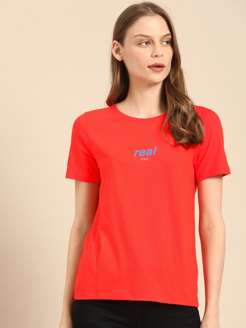 

ether Women Orange Solid Round Neck Non-Fading Hi-IQ T-shirt