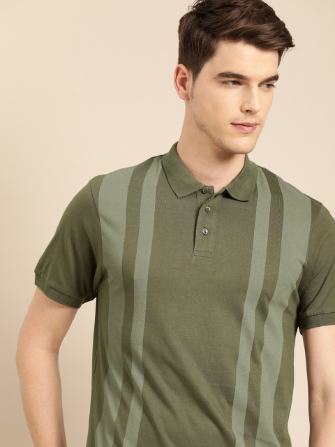

ether Men Olive Green Striped Polo Collar T-shirt